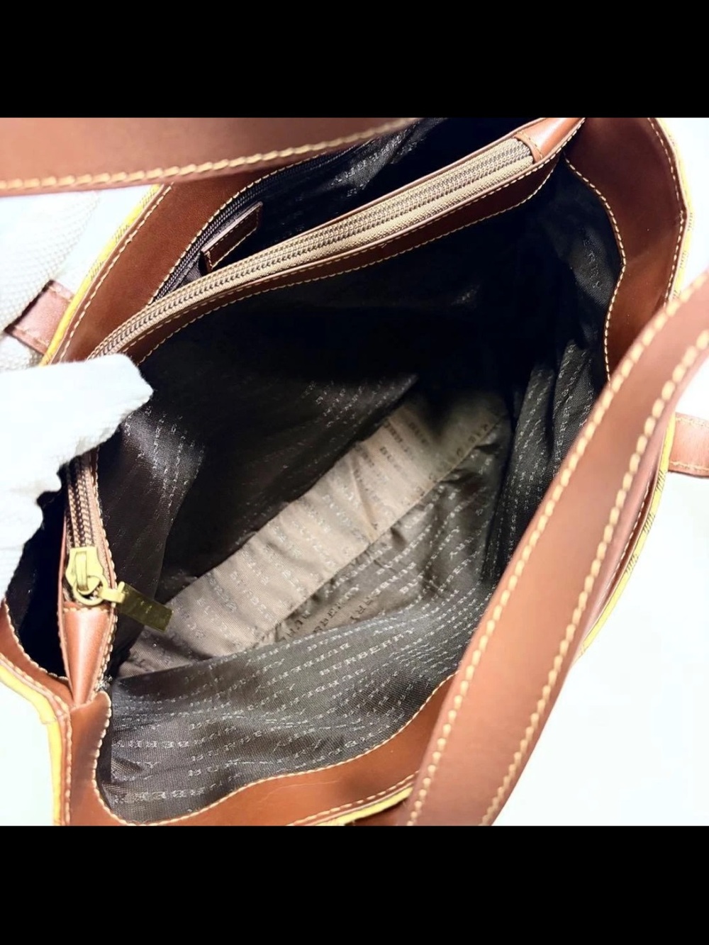 Burberry Beige Check Tote with Brown Leather Handles - Picture 10 of 16